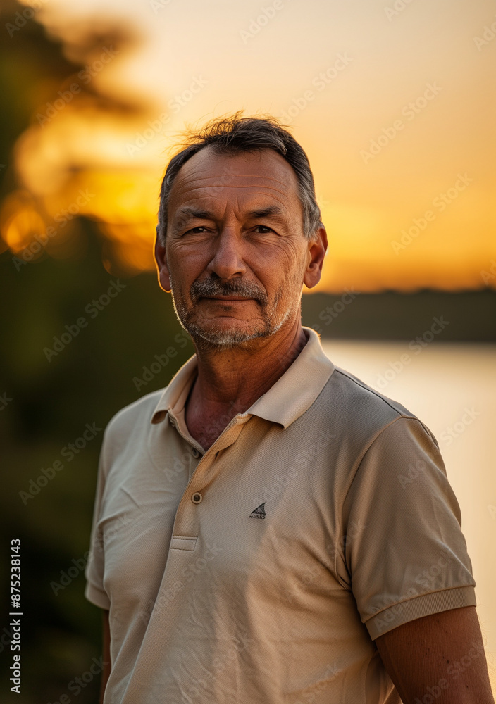 a 40-year-old man in a beige polo shirt looking at the camera, beautiful sunset in the background a 40-year-old man in a beige polo shirt looking at the camera, beautiful sunset in the background