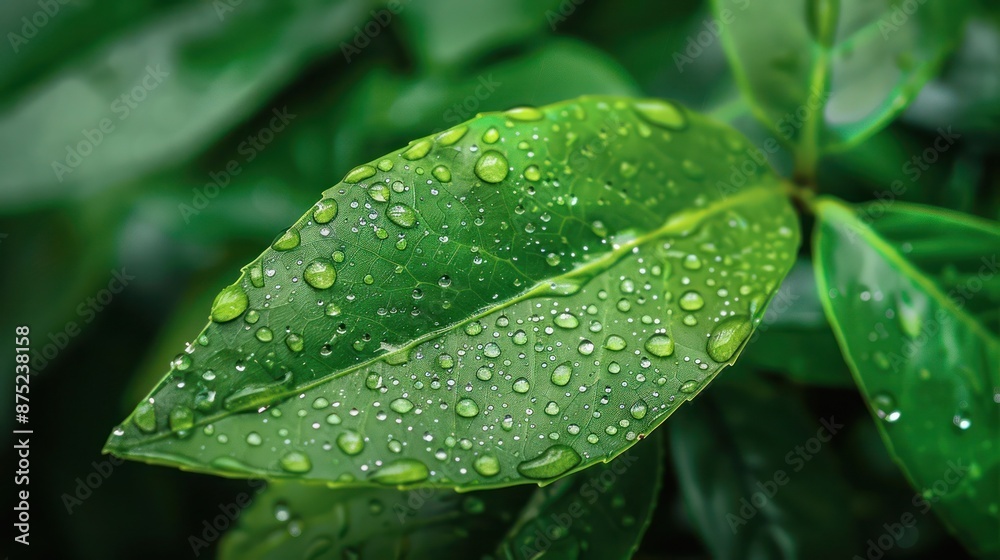 Beautiful green leaf with drops of water
