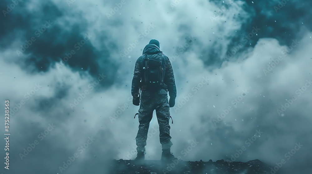 A powerful visual of a person facing a challenging environment with determination, ready to fight without bowing until they lose. copy space for text, focus cover all aspects, deep depth of field, no