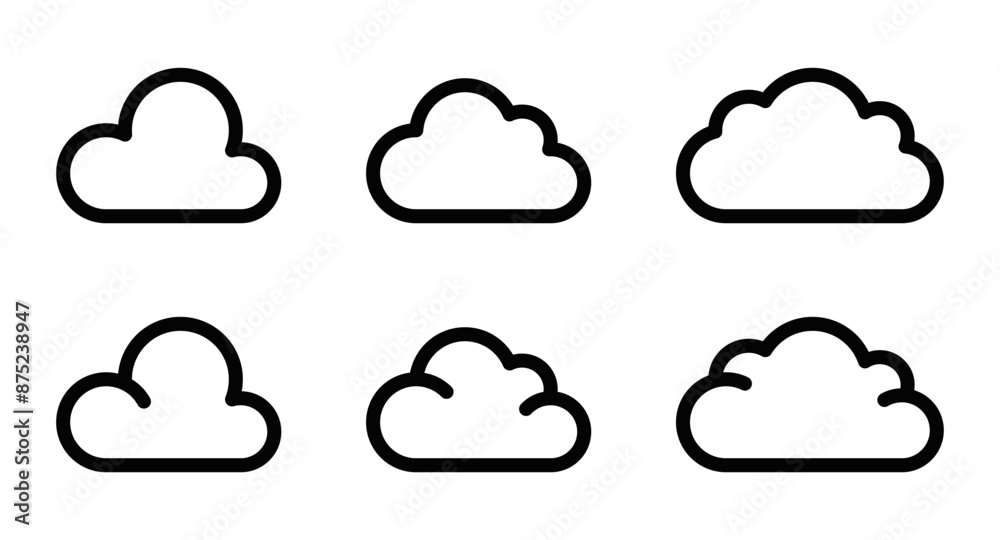 Vector icons of clouds, representing weather, nature, and sky themes. Simple black and white design. Editable stroke. Vector icons of clouds, representing weather, nature, and sky themes. Simple black and white design. Editable stroke.
