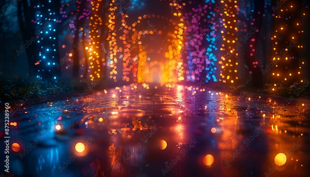 A wet road with colorful lights in the background at night. A wet road with colorful lights in the background at night.