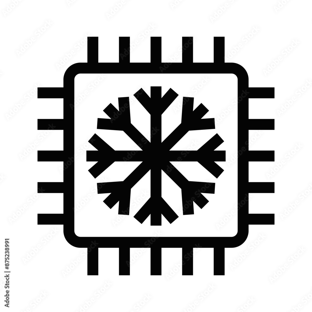 Vector icon of a microchip with a snowflake, representing cooling and technology. Simple black and white design. Editable stroke. Vector icon of a microchip with a snowflake, representing cooling and technology. Simple black and white design. Editable stroke.