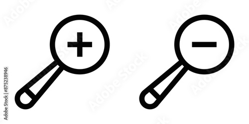 Vector icons of magnifying glasses with plus and minus signs, representing search, zoom, and exploration themes. Simple black and white design. Editable stroke.