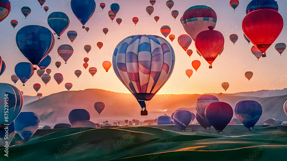 Obraz premium Crimson Canvas Sunrise and Soaring Balloons