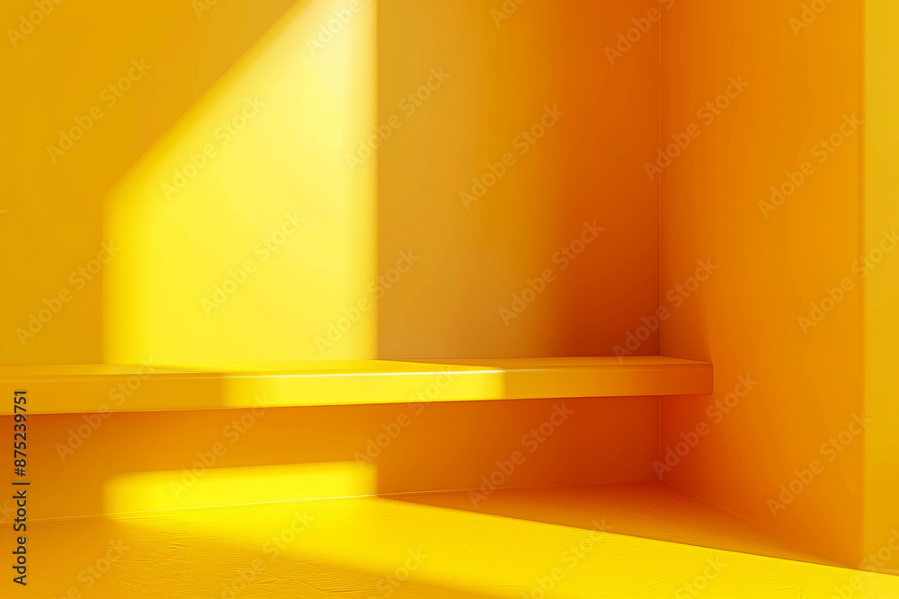 3D render of yellow shelf in corner, empty background, soft lighting, yellow theme. 3D render of yellow shelf in corner, empty background, soft lighting, yellow theme.