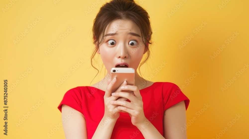 Close-up of a cute Korean woman holding a smartphone, looking excited, wearing a red dress, standing in front of a pastel yellow background, Portrait close-up, hyper-realistic, high detail, Close-up of a cute Korean woman holding a smartphone, looking excited, wearing a red dress, standing in front of a pastel yellow background, Portrait close-up, hyper-realistic, high detail,