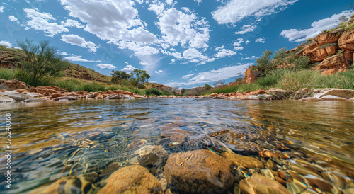 The iconic Edelstry Gorge in the Australian outback, surrounded by red rocks and reflecting water, is an amazing place to explore on foot or bike with clear blue skies overhead.  photo