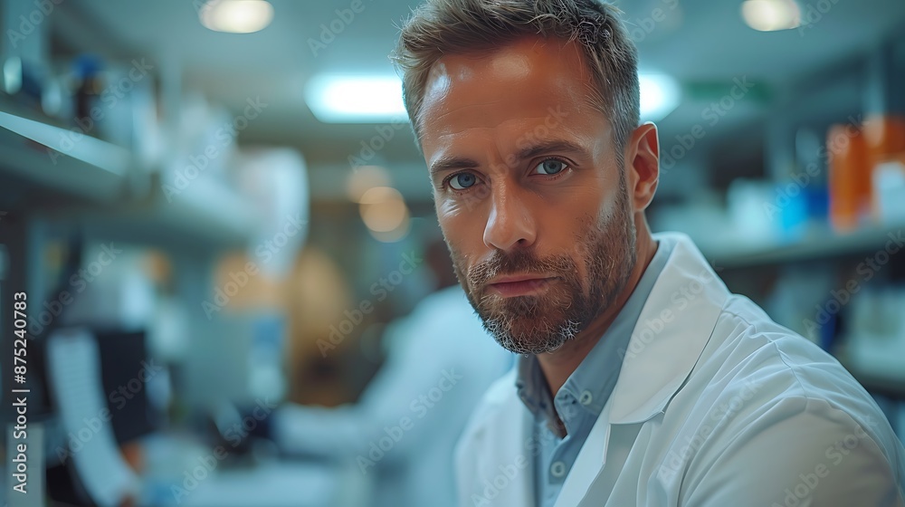 Fototapeta premium Doctor in a white lab coat, performing a routine check-up in a clinic, patient on an examination table, bright and clean environment, medical tools and charts, professional and caring expression,