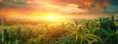 Sunset Over Marijuana Field - Cannabis Cultivation, Agricultural Detail, Gardening Purpose