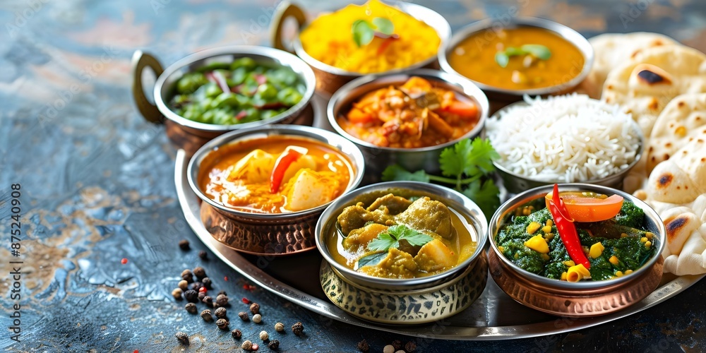 Vibrant thali display featuring a variety of colorful curries, dals, chapatis, and pickles showcasing Indian cuisine. Concept Indian Cuisine, Colorful Thali, Variety of Curries, Chapatis, Pickles Vibrant thali display featuring a variety of colorful curries, dals, chapatis, and pickles showcasing Indian cuisine. Concept Indian Cuisine, Colorful Thali, Variety of Curries, Chapatis, Pickles