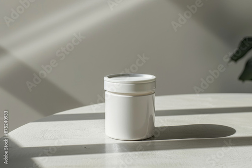 Mockup of a cosmatic plastic jar with no label and blank lid, on off-white concrete surface in front of gray wall.