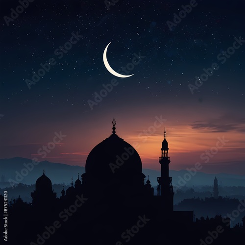 The Islamic tradition surrounding the Feast of Sacrifice of Muharam, a  Muslim template, mosque background with a crescent moon, photography, Ramadan, Eid al-Fitr, Eid al-Adha, and Muharram card