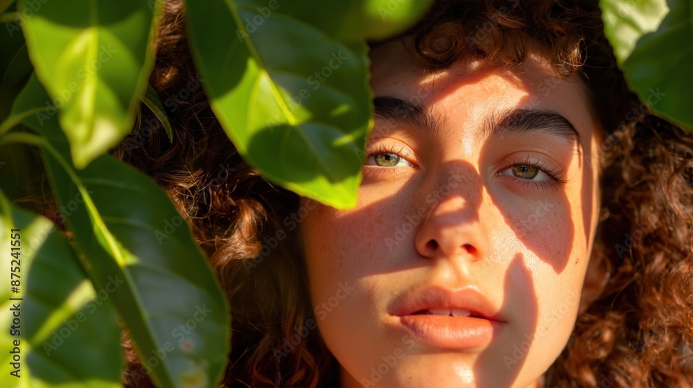 Woman's face partially hidden by green leaves Woman's face partially hidden by green leaves