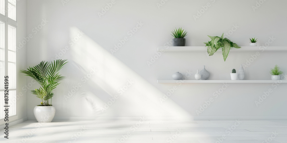 White room with plants on shelves, sunlight and shadows on the white wall, interior design of a modern home White room with plants on shelves, sunlight and shadows on the white wall, interior design of a modern home