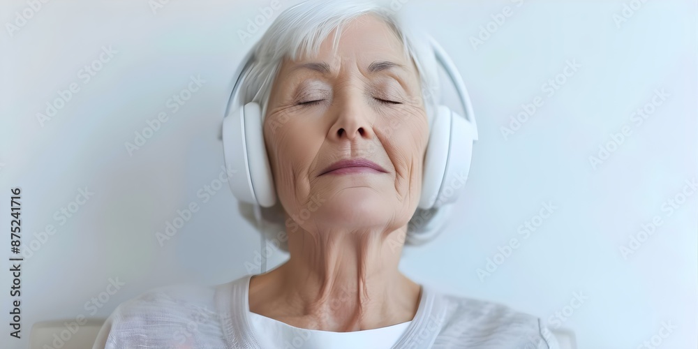 Elderly woman finds balance and wellbeing through sound therapy with headphones. Concept Elderly Health, Sound Therapy, Mental Wellbeing, Elderly Activities, Music Therapy Elderly woman finds balance and wellbeing through sound therapy with headphones. Concept Elderly Health, Sound Therapy, Mental Wellbeing, Elderly Activities, Music Therapy