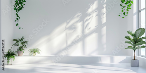 White room with plants on shelves, sunlight and shadows on the white wall, interior design of a modern home