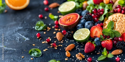 DASH and Flexitarian Diets Emphasizing Fruits, Veggies, Whole Grains, and Lean Protein. Concept DASH Diet, Flexitarian Diet, Fruits, Veggies, Whole Grains, Lean Protein photo