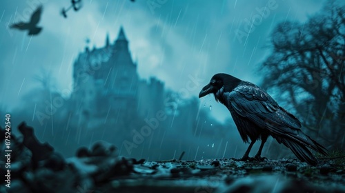 A crow in the foreground and a castle in the background under the rain at night on a blue background.