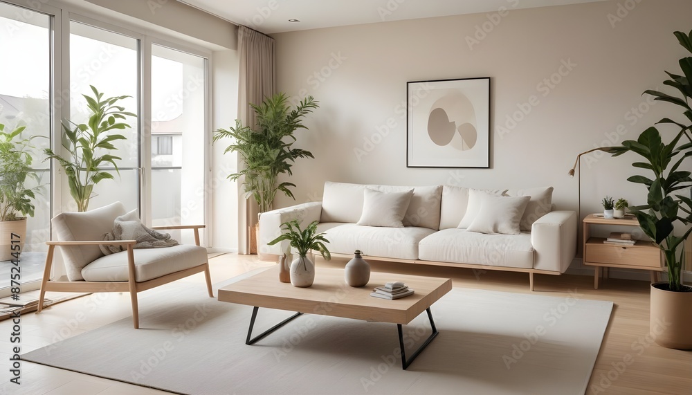 Fototapeta premium Frame mockup, ISO A paper size. Bedroom poster mockup. Modern interior design. Living room Interior mockup with house background. 3D render