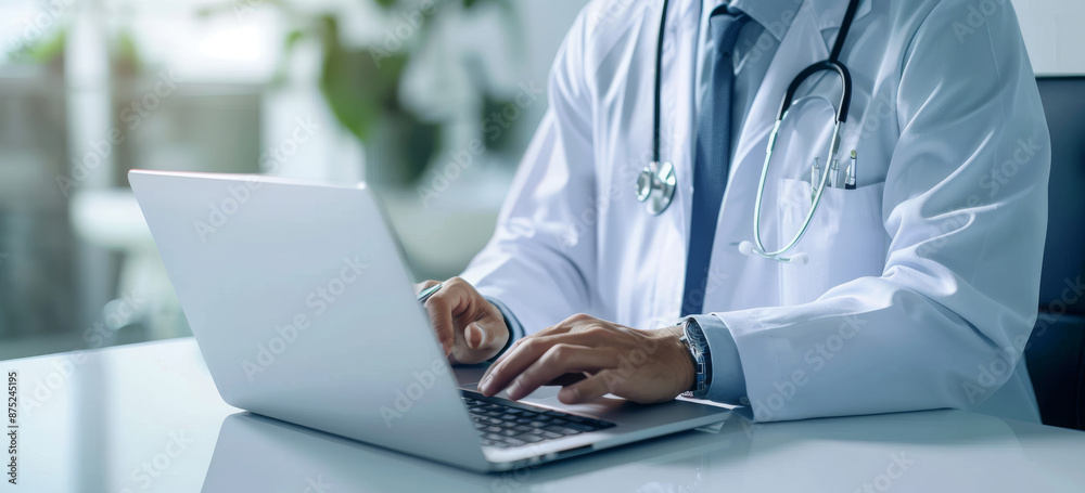 Doctor in white coat typing on laptop computer at desk, close-up Doctor in white coat typing on laptop computer at desk, close-up