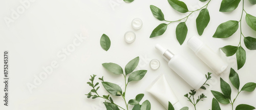 top view of white cosmetic products with green leaves on the right side, on light background, copy space concept
