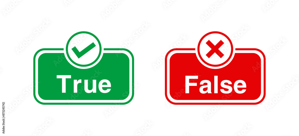 True and False buttons with right and wrong symbols. Check box icon with right and wrong icons with true and false button in green and red box isolated vector on white background. True and False buttons with right and wrong symbols. Check box icon with right and wrong icons with true and false button in green and red box isolated vector on white background.