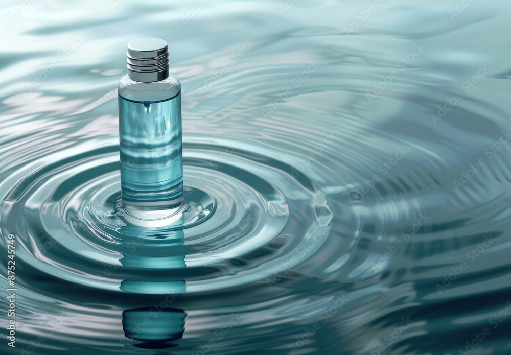 A spray bottle on a calm, clear body of water.