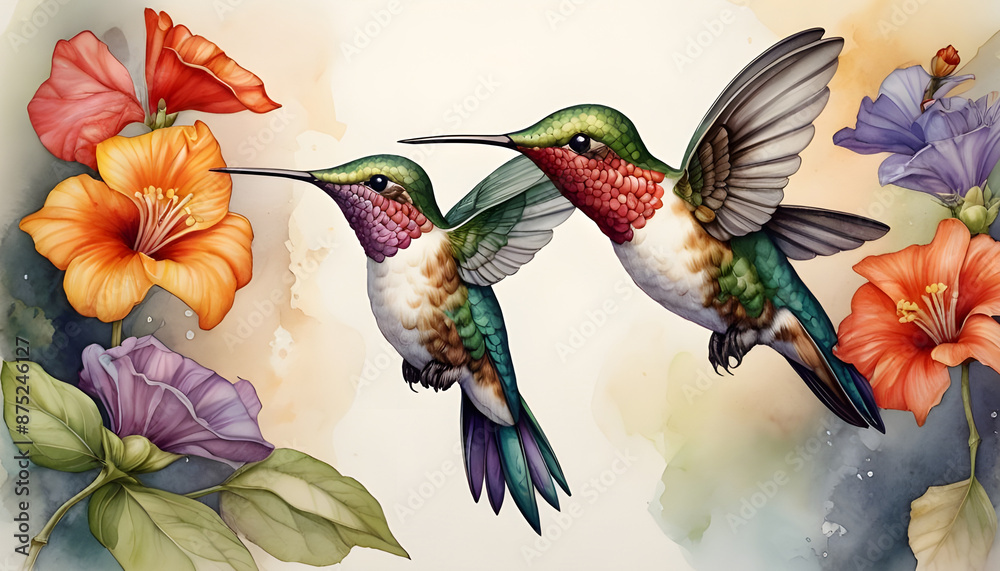Fototapeta premium Hummingbird and flowers watercolor background Tinny bird fly in jungle. Seamless pattern with floral romantic elements
