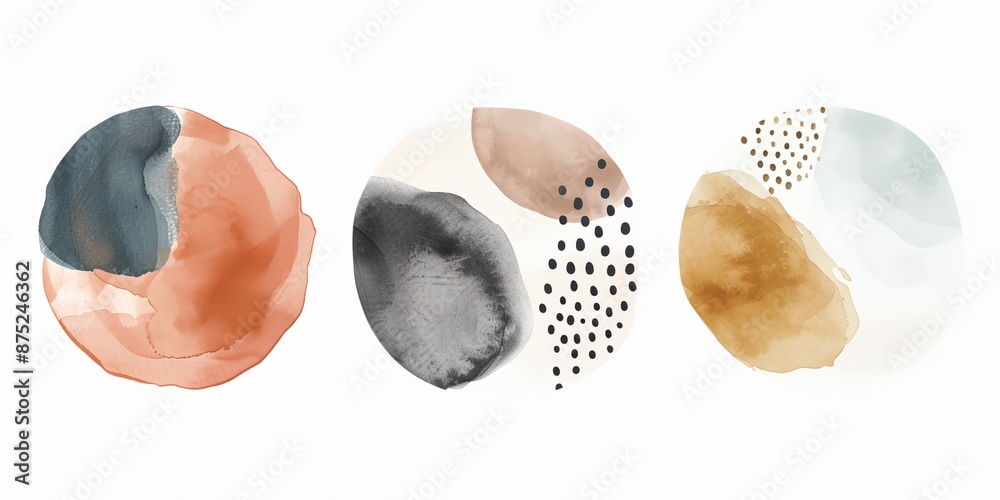 The four abstract paintings are all different in color and style, but they all have a similar theme of nature and organic shapes. The paintings are arranged in a row, with the first one on the left The four abstract paintings are all different in color and style, but they all have a similar theme of nature and organic shapes. The paintings are arranged in a row, with the first one on the left