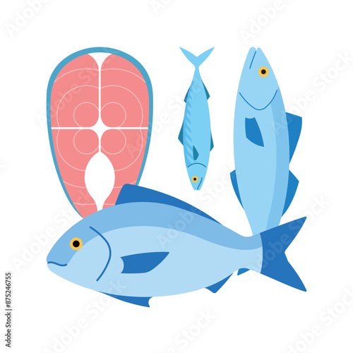 Fresh fish products - dorado, sea bass, salmon, herring. Food category, minimalist vector, white background. Simple and quite illustration.