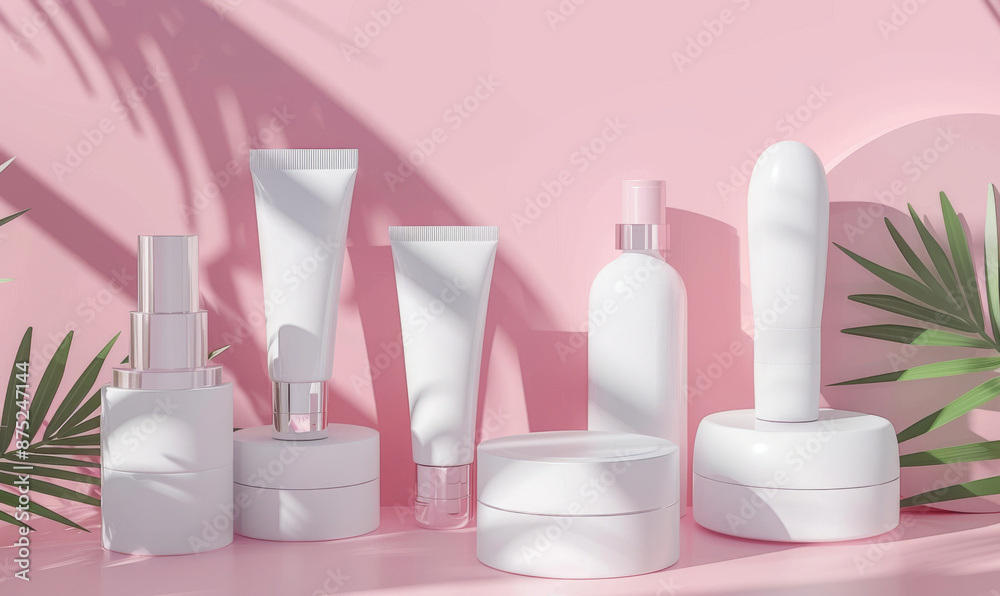 Cosmetic beauty products on pink background. Cosmetic beauty products on pink background.