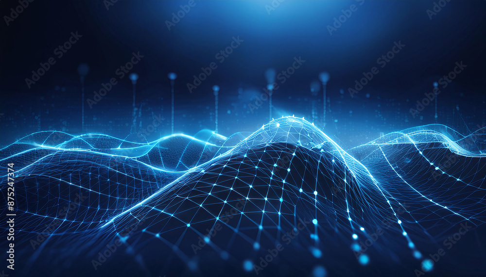 A digital landscape of glowing blue nodes and mesh lines representing AI technology A digital landscape of glowing blue nodes and mesh lines representing AI technology