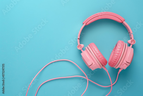 pink headphone on a blue background.