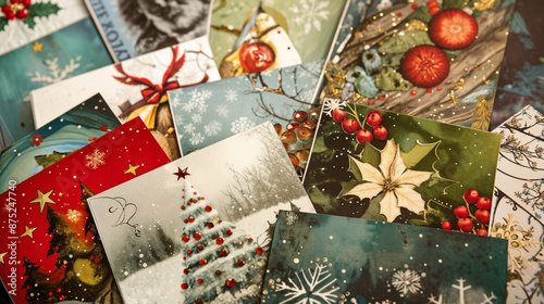 A collection of christmas cards. Flat lay of christmas cards. Seasons greetings. Merry Christmas. photo