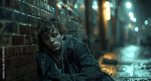 An intoxicated young man stumbling in a dimly lit alleyway, leaning against a brick wall.