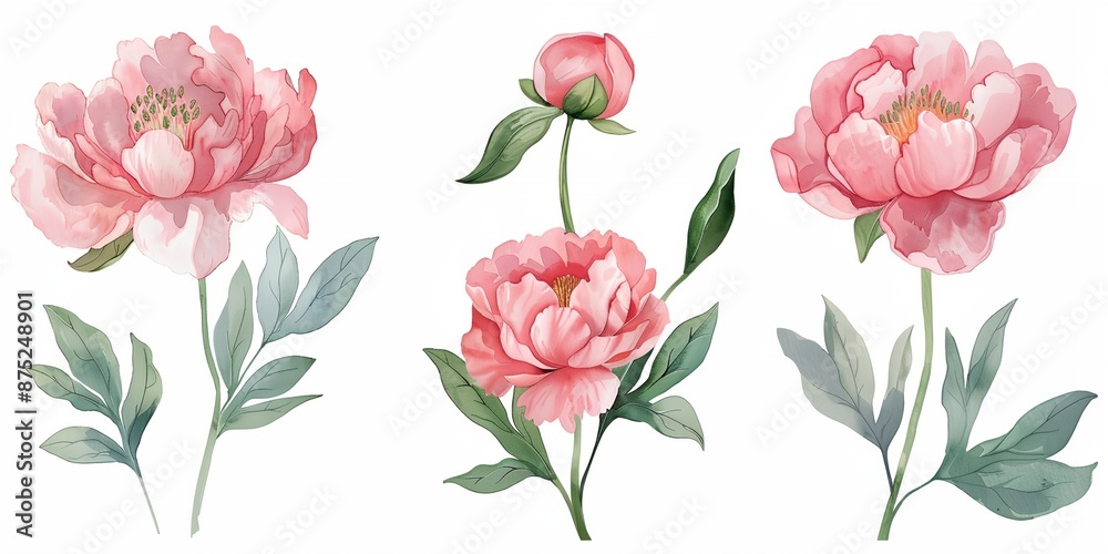custom made wallpaper toronto digitalA series of peony flowers with green leaves and pink petals, watercolor on white background