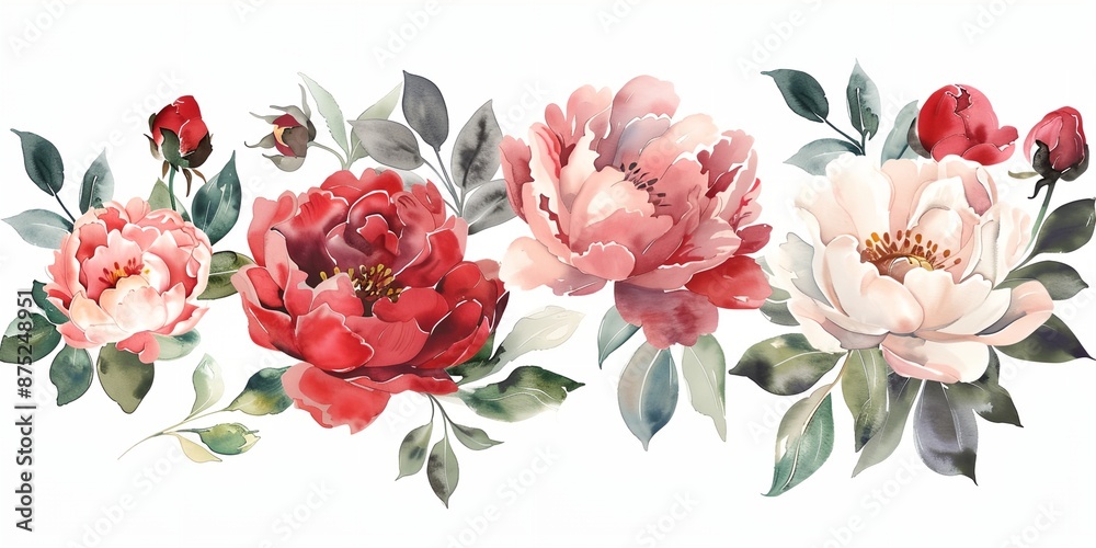 A series of peony flowers with green leaves and pink petals, watercolor on white background A series of peony flowers with green leaves and pink petals, watercolor on white background