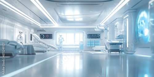 office interior, Futuristic Hospital Room Advanced blurred background image of a futuristic hospital room with robotic assistants, digital health monitoring, and a clean, high-tech environment. 