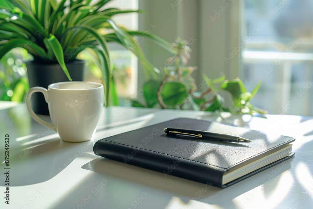 Black leatherbound journal on desk, pen and notebook, window with potted plants, warm sunlight, cozy home office. Black leatherbound journal on desk, pen and notebook, window with potted plants, warm sunlight, cozy home office.