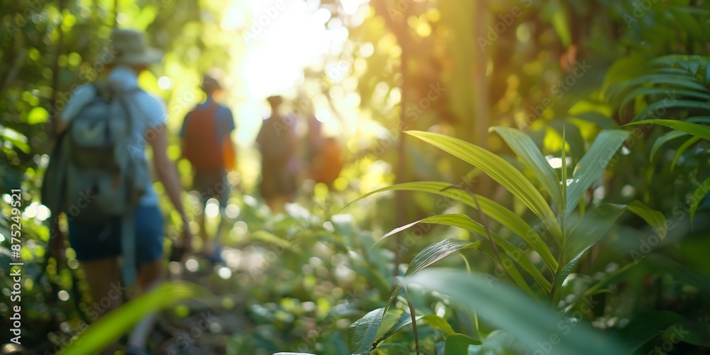 spring in the forest, Jungle Eco-Tourism Exciting blurred background image of tourists participating in an eco-tourism adventure in the jungle, learning about conservation and wildlife. 