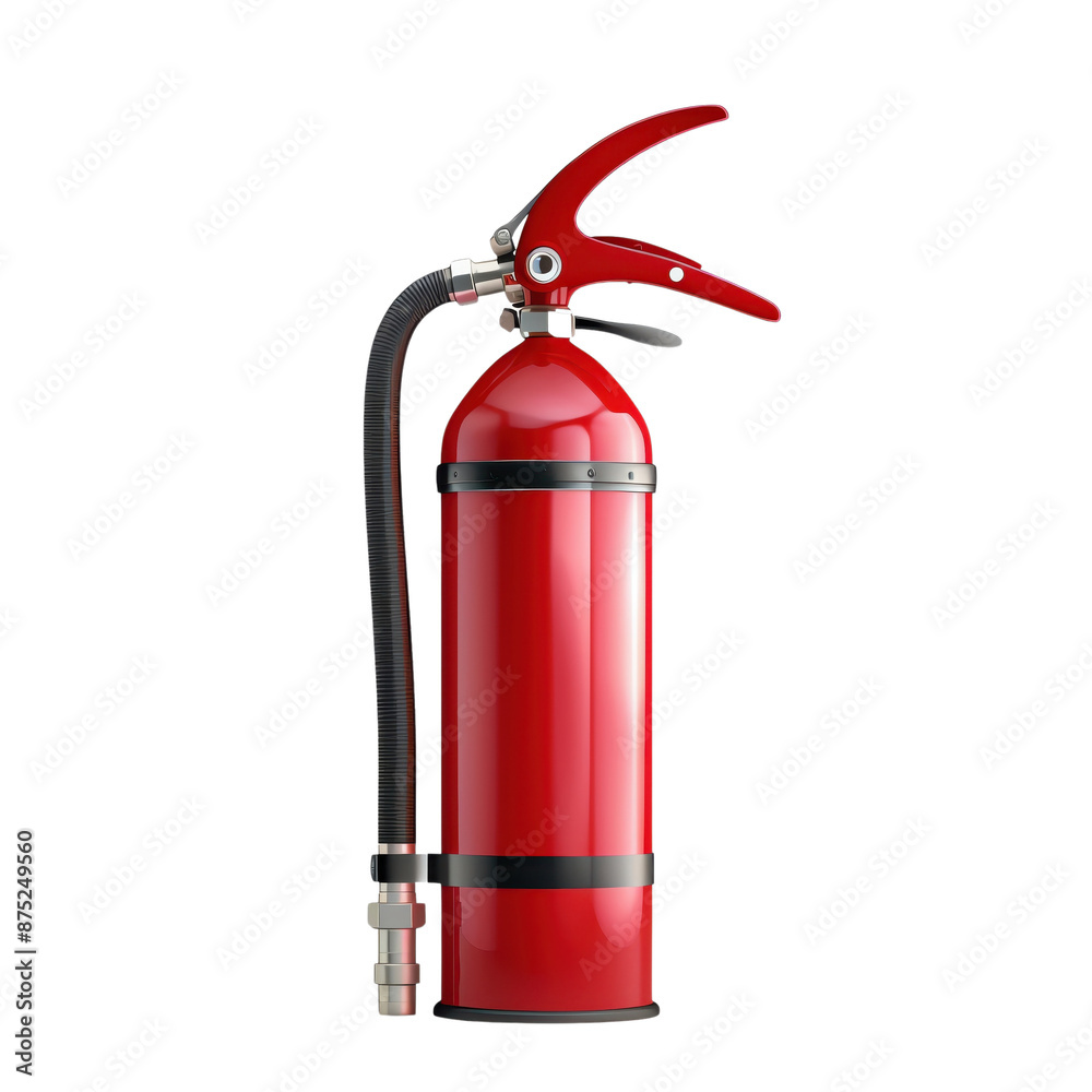 A red fire extinguisher. The extinguisher is ready to use with its hose and handle visible. A red fire extinguisher. The extinguisher is ready to use with its hose and handle visible.