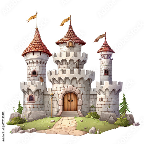 A whimsical stone castle with three towers, a wooden door, and a path leading to the entrance.