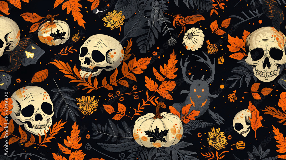 Halloween pattern orange black illustration. Pumpkin, bat, ghost, skull. Cartoon design. Holiday Autumn Art. Wallpaper Background Halloween pattern orange black illustration. Pumpkin, bat, ghost, skull. Cartoon design. Holiday Autumn Art. Wallpaper Background