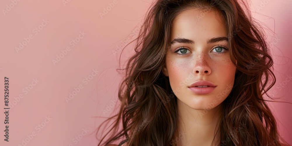 A woman with long brown hair and a light pink background. She has a light pink lip color A woman with long brown hair and a light pink background. She has a light pink lip color