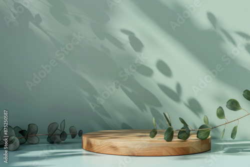 Minimal abstract background with wooden podium and eucalyptus leaves on light green wall with shadows. Mockup for product presentation.