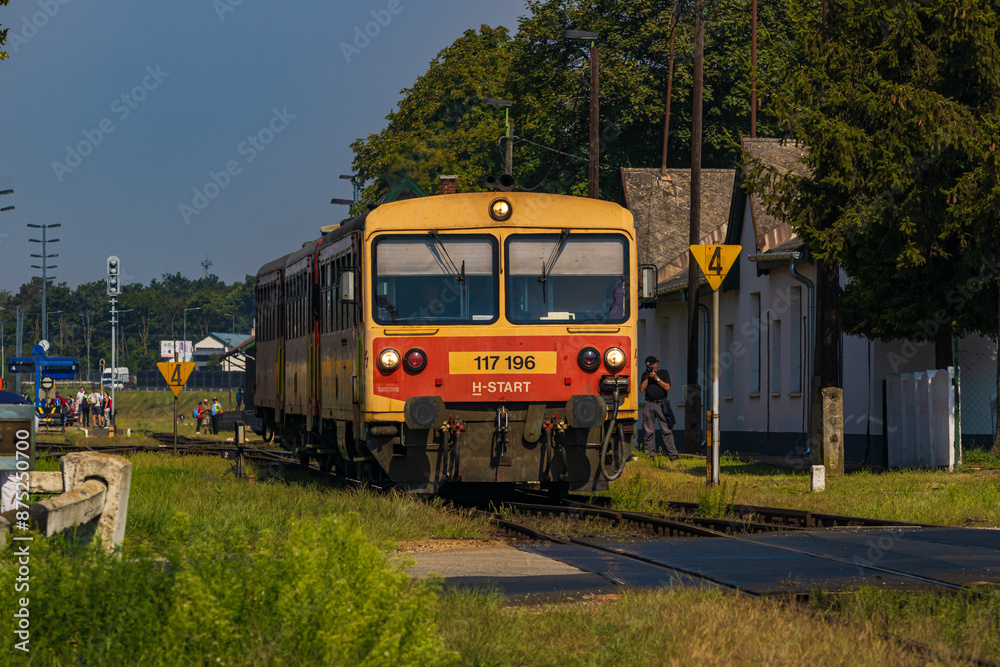 Naklejka premium A Bzmot passes out of Tapolca station.