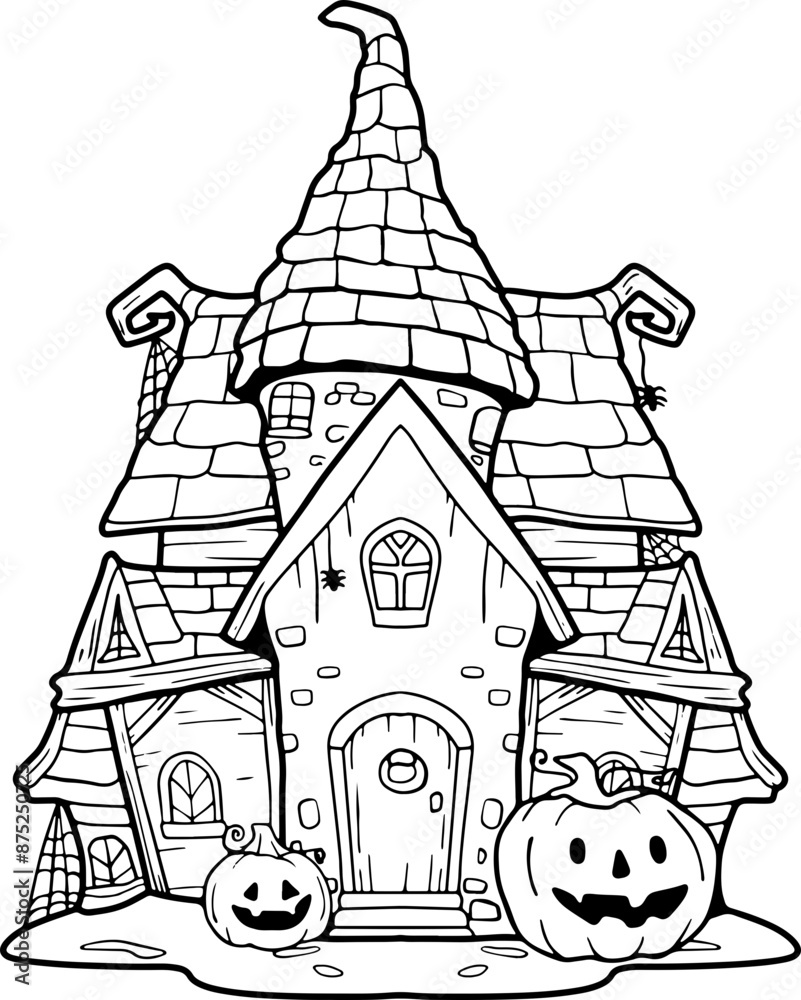 Naklejka premium haunted castle hand painted halloween illustration cute coloring