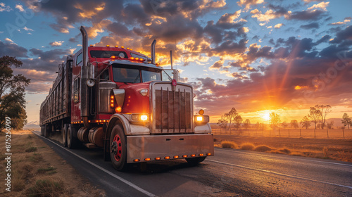 A semi-truck with a trailer on the desert plains. A red semi truck is driving down a road in the desert. Transportation and deliveries. Freight and parcel delivery. Long haul trucking.