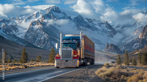 A semi-truck with a trailer in the snow near mountains. A red semi truck is driving down a road in the mountains. Transportation and deliveries. Freight and parcel delivery. Long haul trucking.