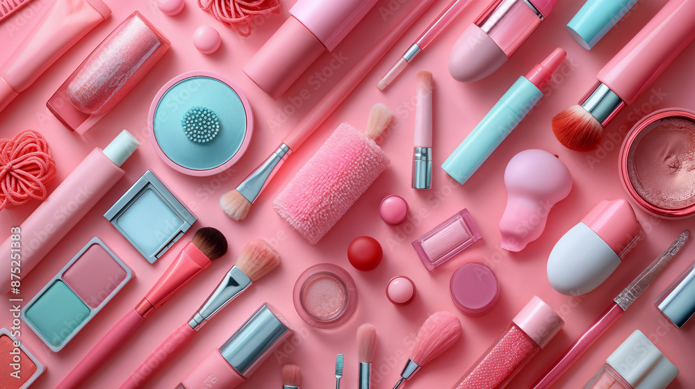 Various makeup items are displayed on a pink background. Makeup flat lay. Items include brushes, makeup, and makeup removers. Cosmetics. Various makeup items are displayed on a pink background. Makeup flat lay. Items include brushes, makeup, and makeup removers. Cosmetics.